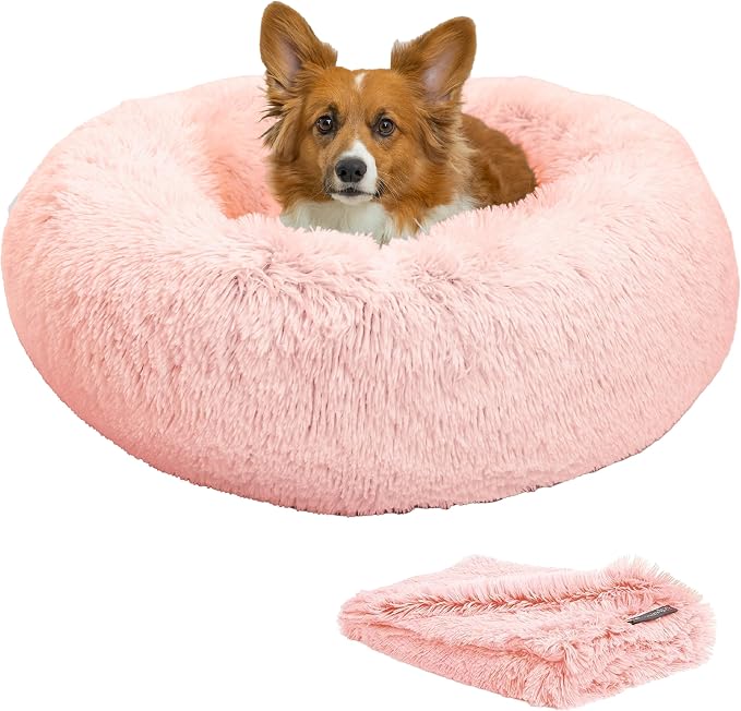Best Friends by Sheri Bundle Set The Original Calming Shag Donut Cuddler Cat and Dog Bed + Pet Throw Blanket, Cotton Candy Pink, Medium 30x30 by BestFriendsbySheri