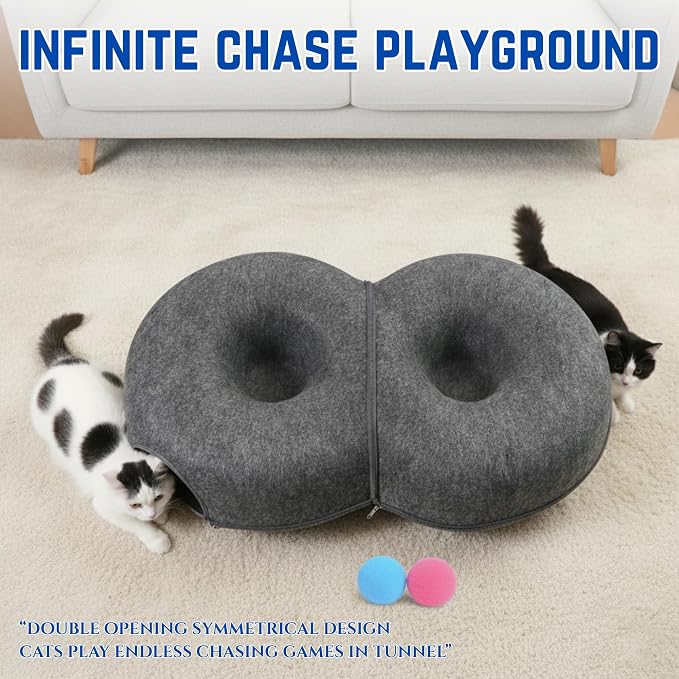 Trivon Peekaboo Cat Tunnels for Indoor Cats, Cozy Indoor 8-Shaped Donut Hideaway Bed with 12 Toy Balls, Bonus Bird Toy and Toy Gun, Scratch-Resistant, Detachable & Washable Design - Image 6