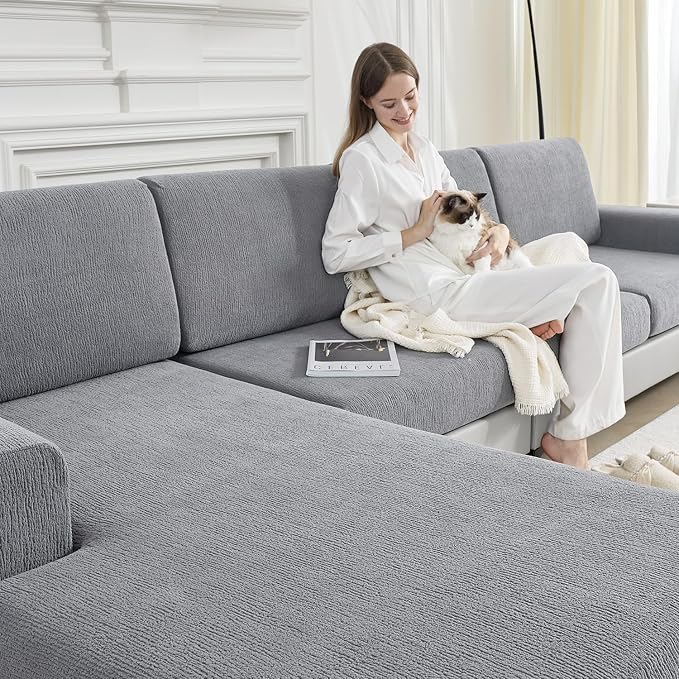Couch Cushion Covers for Sectional Sofa Stretch Sofa Slipcovers Washable Wear-Resistant Sectional Couch Covers L Shaped Seats Furniture Protectors for Pets(Light Grey, 2 Seater + 1 Chaise) by Jialudora