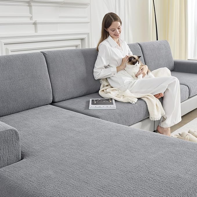 Sectional Couch Covers Stretch Cushion Covers Washable Wear-Resistant Universal Sofa Slipcovers Furniture Protector Separate Seat Chaise Couch Cover (Light Grey, 2 PC Armrest Covers) by Jialudora
