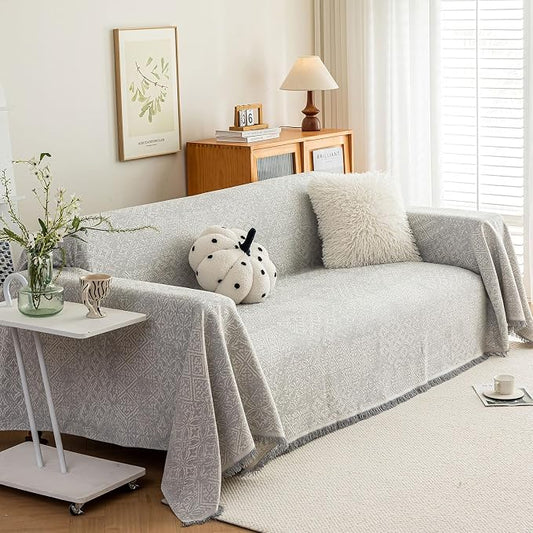 ROOMLIFE Gray Couch Cover Boho Sofa Covers for 3 Cushion Couch Washable, Furniture Protector Sofa Couch Cover for Dogs, Soft Breathable Sofa Slipcover, Couch Throw Blankets with Tassels 71''X134'' by ROOMLIFE