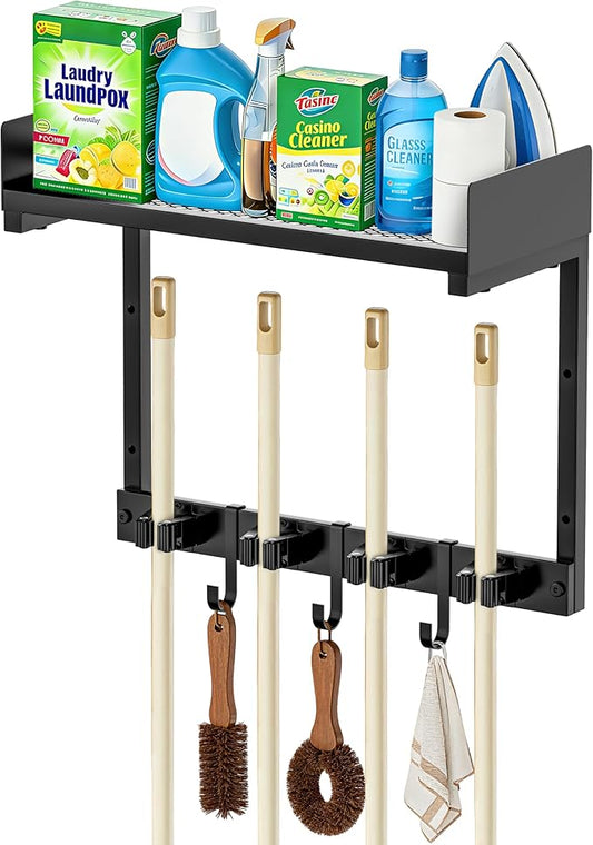 HUFAND 15" Wall Mounted Broom Holder and Mop Organizer with Shelf and Hook | Black Broom Holder Wall Mount, 4 Grippers, 3 Movable S-Hooks, For Garage And Laundry Room Storage by HUFAND