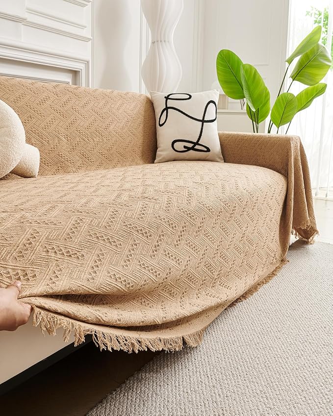 AIVIA Loveseat Cover Sheet Blanket, Woven Reversible Anti Slip Cushion Covers for 2 Seater Couches with Armrest, Love-Seat Furniture Decor Slipcovers Protector for Dogs Cats Pets (Khaki, 71” x 102”) - Image 4