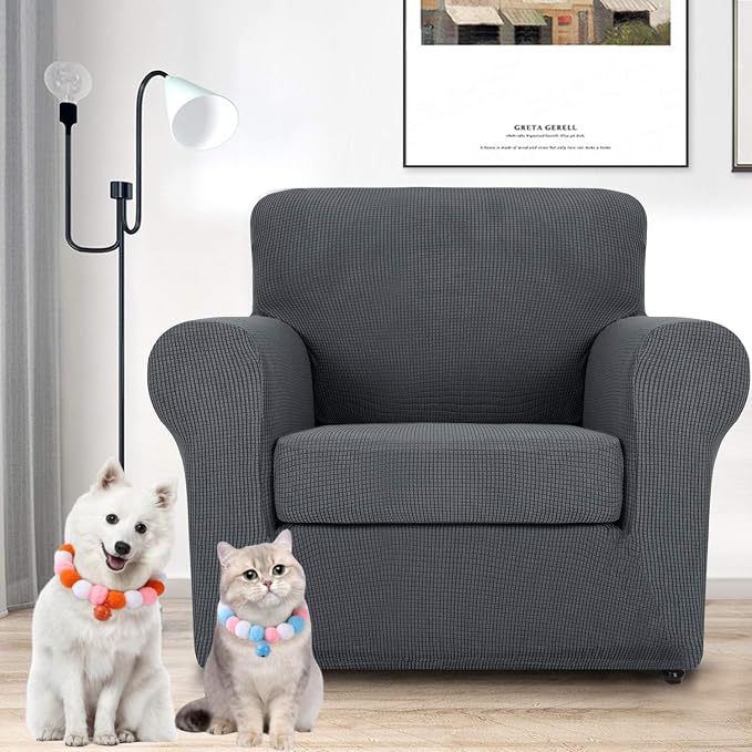 MAXIJIN 2 Piece Chair Slipcovers with Arms Super Stretch Chair Covers for Living Room Dogs Pet Proof Fitted Sofa Couch Protector Spandex Non Slip Armchair Slipcover Washable (Chair, Gray) - Image 8