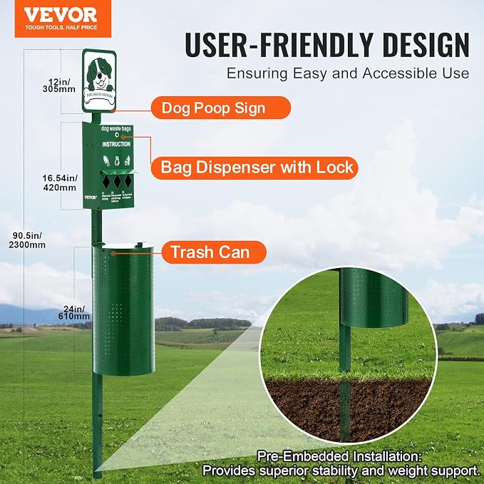 VEVOR Dog Waste Station, 11.5 Gallon Pet Waste Station with Lockable Bag Dispenser, 50 Can Liners & 600 Waste Bags, Outdoor Pet Poop Station for Apartments, Parks, Backyard, Dog Waste Disposal System - Image 2