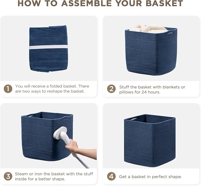 joybest 13inch Cube Storage Bins, Cotton Rope Woven Organizer Basket | Set of 4 Cube Bin Square Shelves Organizer Closet Storage, Nursery, Toy Organization, Navy Blue - Image 6