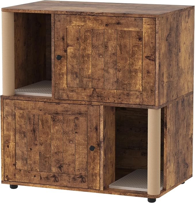 Garvee Double Layer Cat Litter Box Furniture, 2 in 1 Hidden Litter Box Furniture with Scratching Post and Litter Mats, Wooden Corner Cabinet Cat Washroom Bed - Image 9
