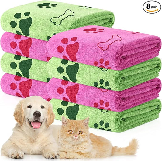 Chumia 8 Pcs Microfiber Dog Towels for Drying Dogs Cats 40 x 24 Inch Pet Towels Bulk for Large Puppy Absorbent Fast Drying Paw Bath Bathing Supplies for Pets(Dog Paw and Bone,Hot Pink,Green) by Chumia