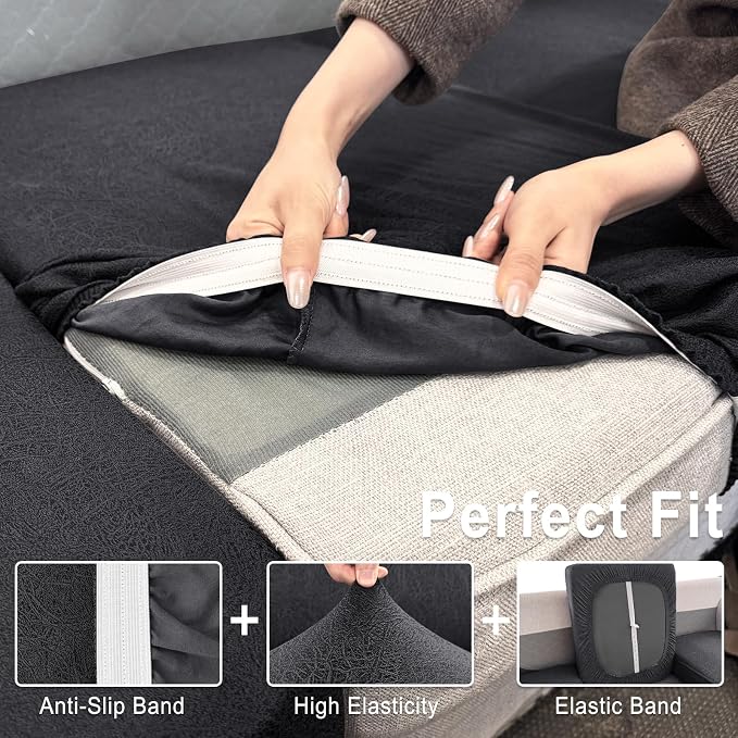 ANARACHON Leather Look Couch Cushion Covers Sofa Seat Slipcovers Sets Couches Furniture Protector for Sectional Armchair Loveseat Pets Kids Stretch Spandex Fabric (3 Cushion Sofa, Dark Grey) - Image 4