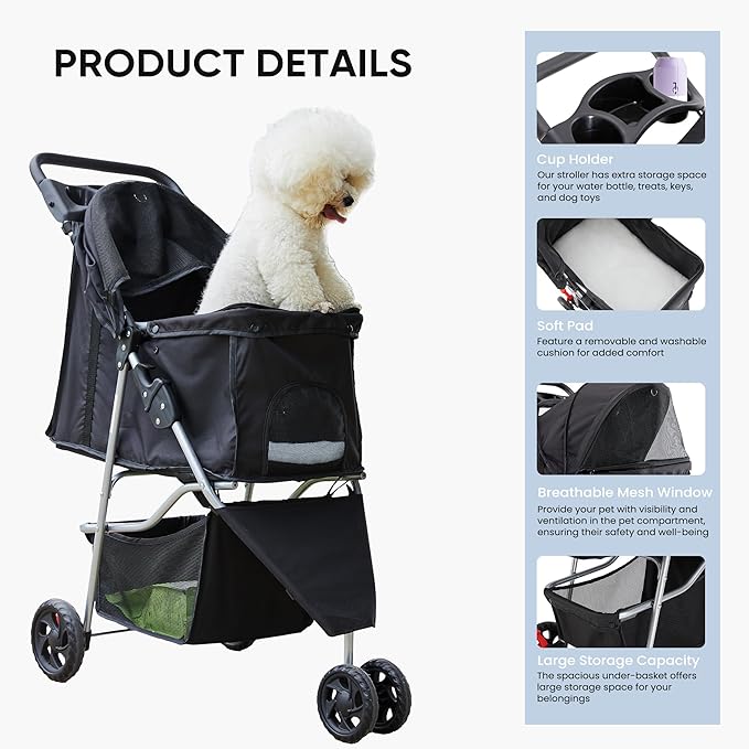 3 Wheel Pet Stroller for Dogs and Cats, Foldable, Lightweight and Durable, Ideal for Small to Medium Pets, Includes Storage Basket and Cup Holders