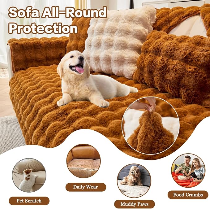 DREAMINGO Faux Fur Couch Seat Cover, Soft Plush Sofa Covers for Pet Washable, Non Slip Furniture Protector for 3 Cushion Couch Sofa Sectional, 35.4x94.5 Inch, Brown - Image 5