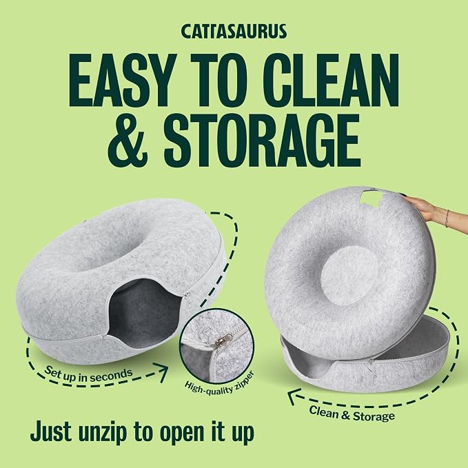 Cattasaurus Peekaboo Cat Cave Donut for Multiple & Large Cats up to 30-45 lbs, 3-in-1 Self Warming Cat Bed, Tunnel & Scratcher for Indoor Cats, Washable & Detachable Small Dog Bed (Light Gray, Jumbo) - Image 8