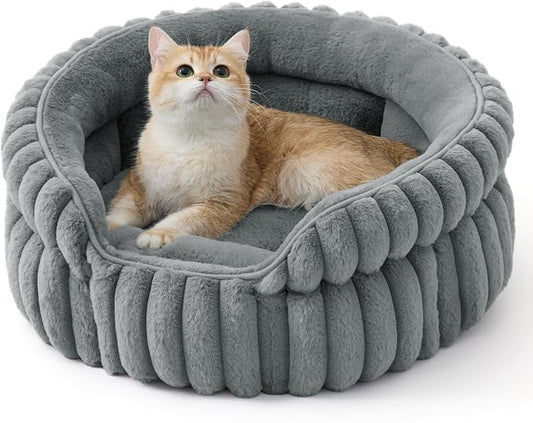 Bedsure ComfyFleece™ Washable Cute Cat Bed,Soft Round Kitten Bed,20in,Gray | Cozy Fluffy Plush Small Dog Bed,Donut Corduroy Cuddler Pet Beds for Small & Large Indoor Cats,Anti-Slip Bottom,Up to 15 Lbs by Unknown