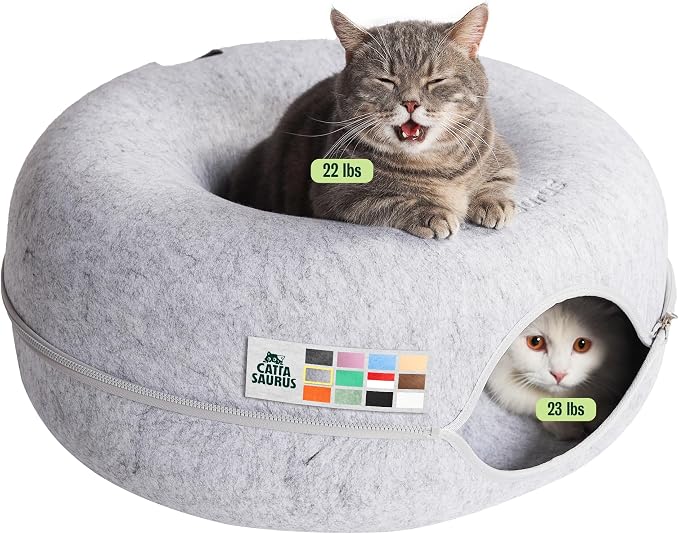 Cattasaurus Peekaboo Cat Cave Donut for Multiple & Large Cats up to 30-45 lbs, 3-in-1 Self Warming Cat Bed, Tunnel & Scratcher for Indoor Cats, Washable & Detachable Small Dog Bed (Light Gray, Large) by Cattasaurus