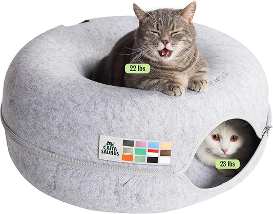Cattasaurus Peekaboo Cat Cave Donut for Multiple & Large Cats up to 30-45 lbs, 3-in-1 Self Warming Cat Bed, Tunnel & Scratcher for Indoor Cats, Washable & Detachable Small Dog Bed (Light Gray, Large) by Cattasaurus