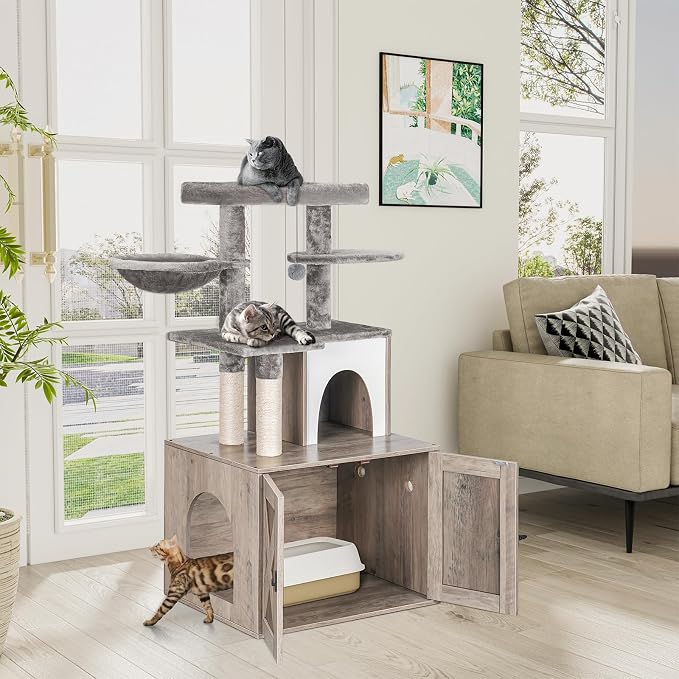 Snughome Cat Litter Box Enclosure with Tree Tower and Condo, Hidden Washroom Furniture with Sisal Scratching Post and Soft Plush Perch, Wooden Cat Furniture with Multiple Platforms, Grey - Image 2