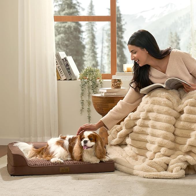 COZY KISS Orthopedic Dog Bed for Large Medium Size Dog, Dogs Crate Bed, L Shaped Foam Anti-Slip Bottom Pet Cat Sofa with Washable Removable Cover, Suitable for Pet Up to 75 lbs, 36x27x6.5 inch, Brown - Image 4