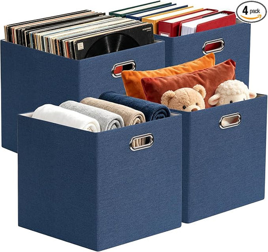 Posprica 13x13x13 Storage Cube Basket Bins, Set of 4, Army Blue | Storage Cube Bins 13x13,Foldable, For Closet Organizer Shelf Cabinet Bookcase, Thick Fabric Drawer by Posprica