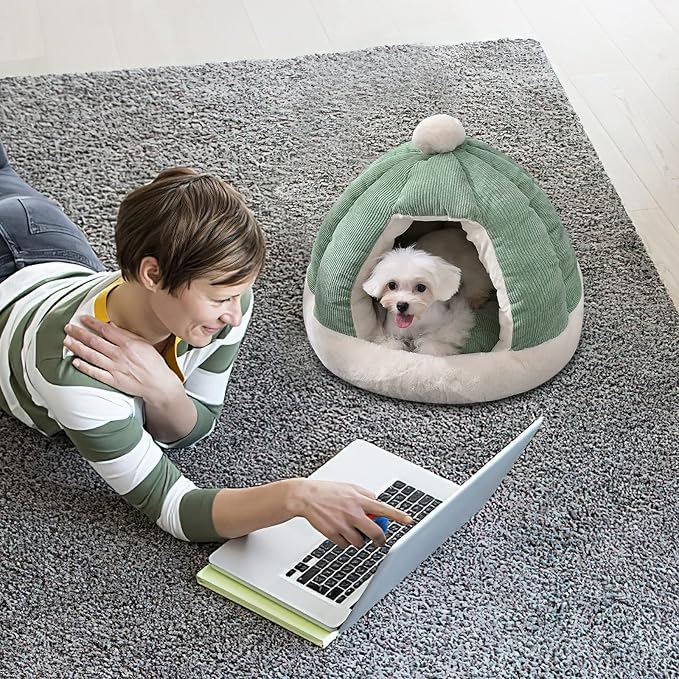 Cat Cave Bed, Cat Tent Bed House with Removable Washable Cushion, Soft Plush Cat Igloo Bed, Improve Sleep, Pet Bed for Kitten and Puppy(M, Green) - Image 7