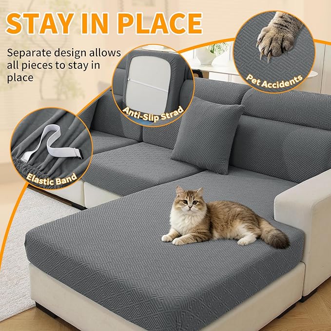 XINEAGE Couch Cushion Covers,Loveseat Seat Slipcovers for Pets,Non Slip Sofa Seat Cover Washable,Sofa Slipcovers with Elastic Bottom(1 Piece Loveseat Cushion Cover,Light Gray) - Image 5