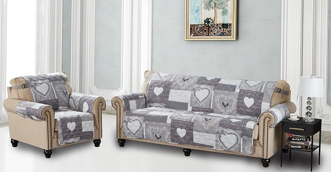 Brilliant Sunshine Grey Heartlove Patchwork Loveseat Cover, 54" seat | Non Slip Sofa Cover, Quilted Furniture Protector, Large Washable Love Seat Slipcover for Pets, Dogs & Cats - Image 4