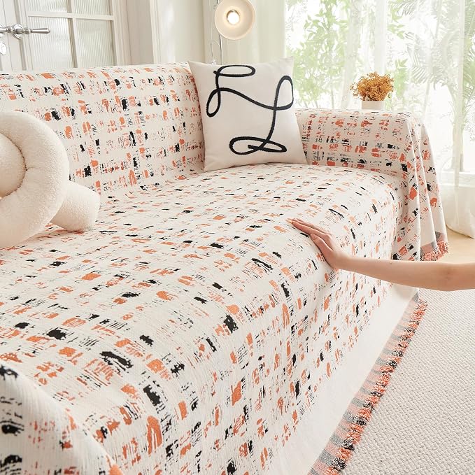 DREAMINGO Abstract Chenille Couch Cover Blanket Beige Orange Black Boho Sofa Cover, Washable Furniture Protector, Universal Slipcover for Couch, Geometric Brushstroke Jacquard, Large 71"x118" - Image 3