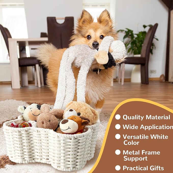 Barydat 2 Pcs Dog Toy Basket Dog Toy Bin Bone Shaped Handmade Pet Organizer for Pet White Cotton Rope Basket (16.5 x 12.4 x 6.89 and 13.39 x 9.25 x 5.4) - Image 3