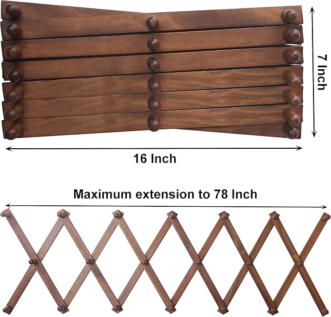 SKOLOO Hat Rack for Wall with 20 Hooks, Solid Wooden, Modern, Expandable Coat Rack Wall Mount for Coats, Hats, Bags, Baseball Caps, Walnut Color - Image 5