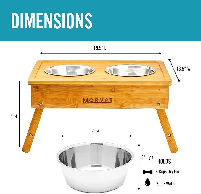 Morvat Raised Bamboo Wood Double Pet Feeder, Adjustable to 3 Heights, Elevated Feeding Station Stand for Small Medium & Large Dogs Puppies & Cats, Includes 4 Stainless Steel Food & Water Dish Bowls - Image 5