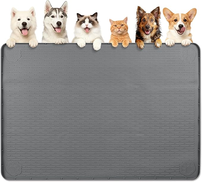 Dog Food Mat 57''x40'' Extra Large Dog Mat for Food and Water, Dark Grey | Silicone Dog Bowl Mat with Raised Edge, Waterproof Non-Slip Pet Feeding Mat for Floors, fit for Dog Cat Bowls by Bartuke