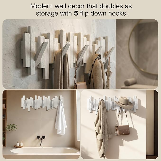 Coat Rack Wall Mount Piano Flip Down Wall Hook Rack 5 Hooks Oak | Natural Wood Handmade Unique Hanger for Coats Bag Hat Umbrella key Wall Art In the foyer living room bedroom bathroom office - Image 2