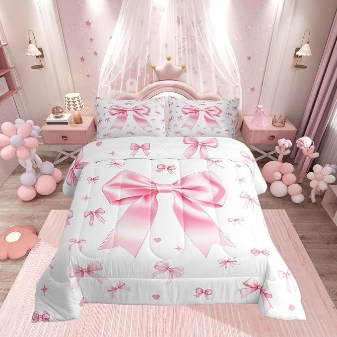 Manfei Pink Bow Kids Comforter Set,Aesthetic Ribbon Bow Tie Duvet Set for Room Decor,Cute Bowknot Princess Brushed Microfiber Soft Quilt Cover,Full Size 3 PCS by Manfei