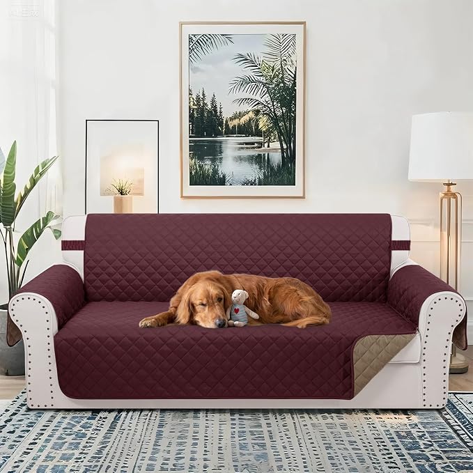 Reversible Couch Cover for 3 Cushion, Sofa, Burgundy/Camel | Couch Cover for Sofa, Pet Friendly Water Repellent Couch Sofa Cover, Washable Furniture Protector with Elastic Straps - Image 2