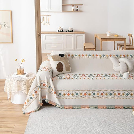 VClife Boho Couch Cover White Geometric Jacquard Sofa Cover 1 Piece Large Couch Covers for 2 Cushion Couch Sofa Washable Plush Chenille Sofa Protector for Living Room Bedroom 71x118 Inch by VCLIFE
