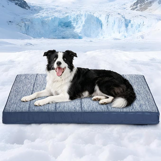 Cooling Dog Bed for Large Dogs - Orthopedic Pet Beds with Memory Foam, QMAX>0.5, Waterproof Removable Washable Cover for Hot Weather, Wander Blue, 35" L x 23" W x 3" H by ZAKAPAWS