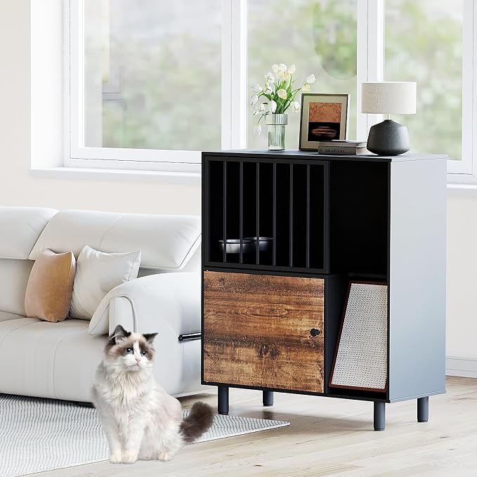 Dog Proof Cat Feeding Station, Cat Feeding Station Furniture with Storage and Cats Scratching Board, 2 Raised Pet Food and Water Bowl for Indoor Cats, Large Pet Cabinet - Image 8