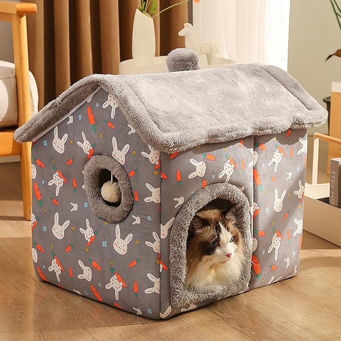 Cat Cave Bed, Portable Cat Bed with Removable Cushion, Small Dog Cave Bed Pet Warm House, Washable Dog Bed, Cat Puppy Igloo Bed(L, Gray Rabbit) - Image 6