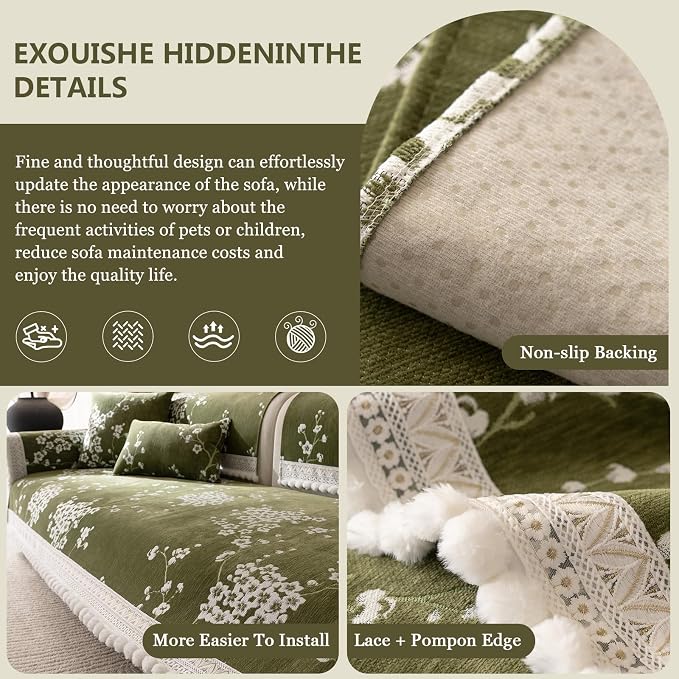 DREAMINGO Green Floral Couch Cover Vintage Jacquard Pet Sofa Cover Non Slip Chenille Couch Protector Living Room Washable Sectional Furniture Slipcovers for 3 Seat Sofa, 35.4"x70.9" - Image 4
