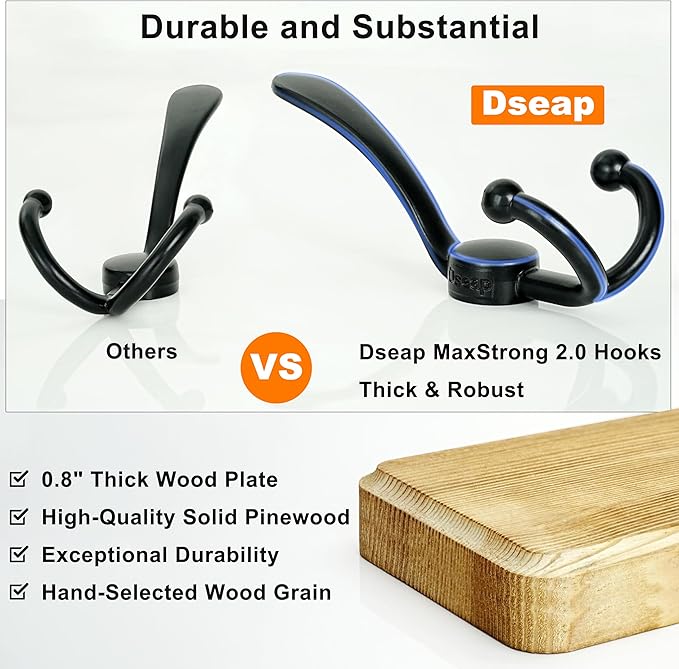 Dseap Coat Rack Wall Mounted - 5 Tri Hooks, Heavy Duty, Wooden Wall Coat Hanger Coat Hook for Clothes Hat Jacket Clothing, White & Black - Image 3