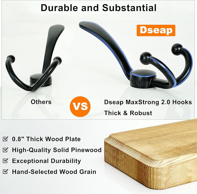 Dseap Coat Rack Wall - Heavy-Duty 38-1/4" Long, with Reinforced 10 Custom Tri-Hooks, Solid Wood Wall Hanger for Coats Hat Jackets - Rustic Farmhouse Entryway Hallway Storage, White & Black - Image 3