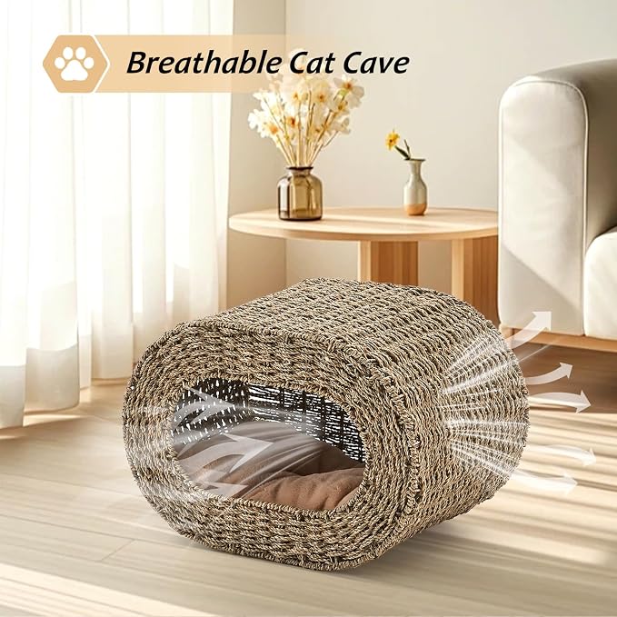 Cat House,Handwoven Cat Cave Pet Cube, Natural Cat Beds Indoor Kitten House with Double-Sided Soft Cushions, Pet Cat House for Multiple Cats, for Living Room Bedroom - Image 3