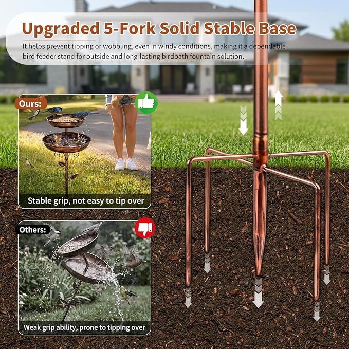 2-in-1 Tall Bird Bath and Feeder for Outdoors, 47" Adjustable Metal Standing Birdfeeder with 5-Prong Base, Antique Copper Finish Rustproof Water Bowl & Seed Tray Station for Garden Yard Patio Decor - Image 4