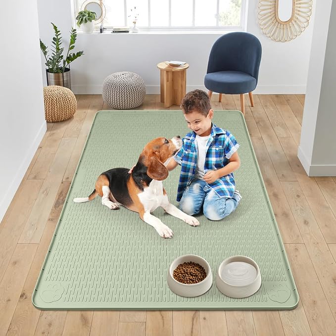 Dog Food Mat 50''x35'' Extra Large Dog Mat for Food and Water, Green | Silicone Dog Bowl Mat with Raised Edge, Waterproof Non-Slip Pet Feeding Mat for Floors, fit for Dog Cat Bowls - Image 6