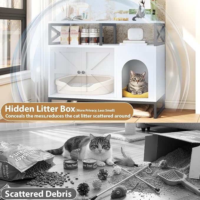 DreamDashio Cat Litter Box Enclosure with Shelves, 35.4" Hidden Litter Box Furniture, Enclosed Litter Box Cabinet with Storage, Farmhouse Indoor Cat House for Living Room, Bedroom, Entryway, White - Image 6