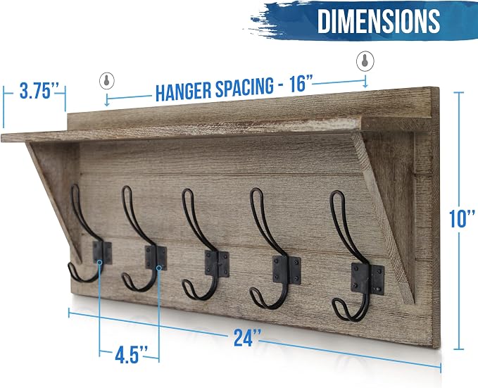 HBCY Creations Rustic Wall Mounted Coat Rack with Shelf - Solid Wood 24" Entryway Shelf with 5 Coat Hangers. Perfect Touch for Your Entryway, Mudroom, Kitchen, Bathroom and More, Weathered Brown - Image 2