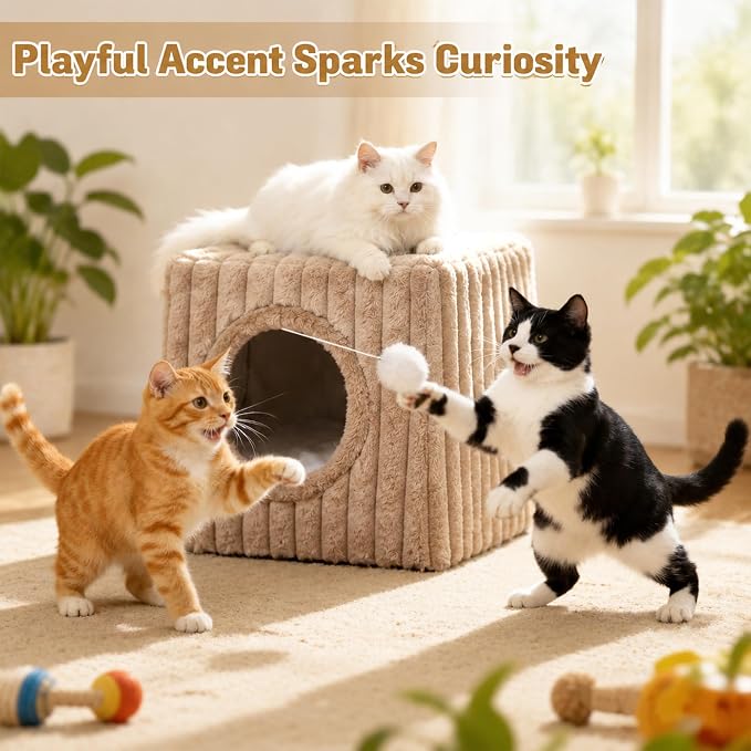 Dogpals Indoor Cat House - Large Cat Cave Bed with Fluffy Balls, Foldable Cat Bed Cave and Apartment with Pads, Suitable for Multiple Small and Large Cats, 18.5x15.4x15.4inches (Khaki, XL) - Image 9