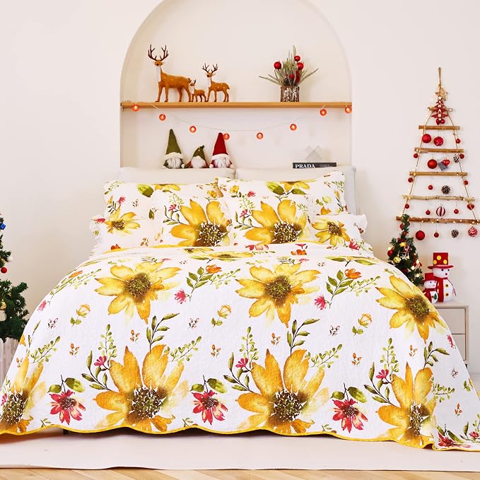 EVENHUG 100% Cotton Quilt Twin Size Yellow Sunflower Bedding Set Floral Lightweight Quilt Reversible Coverlet Bedspread with 1 Pillow Shams All Seasons 2 Pieces (68"x86") - Image 2