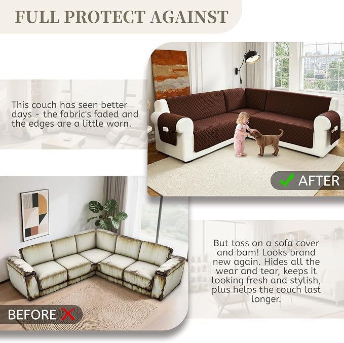 Sectional Couch Covers for Dogs 100% Waterproof Corner L Shaped Sofa Cover Pet Friendly Velvet Washable Anti Slip L Shape Modular Sofa Slipcover Protector with Pockets (Dark Coffee, Large) - Image 7