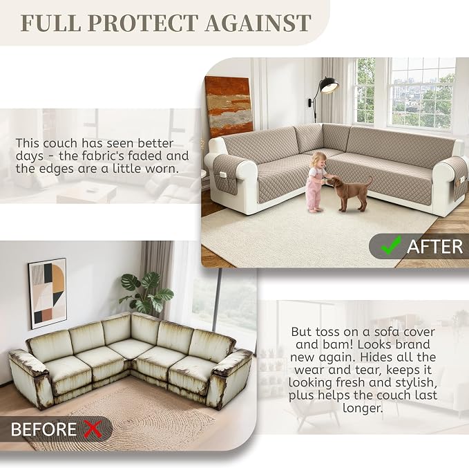Sectional Couch Covers for Dogs 100% Waterproof Corner L Shaped Sofa Cover Pet Friendly Velvet Washable Anti Slip L Shape Modular Sofa Slipcover Protector with Pockets (Taupe, XL Plus) - Image 7
