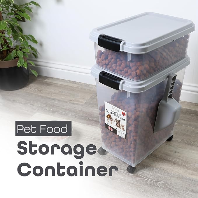DIVCHI 3-Piece Airtight Pet Food Storage Container With Plastic Measuring Scoop Treats For Pet Dog Cat Animal Dry Food Dispenser With Casters Wheels (GREY) - Image 2